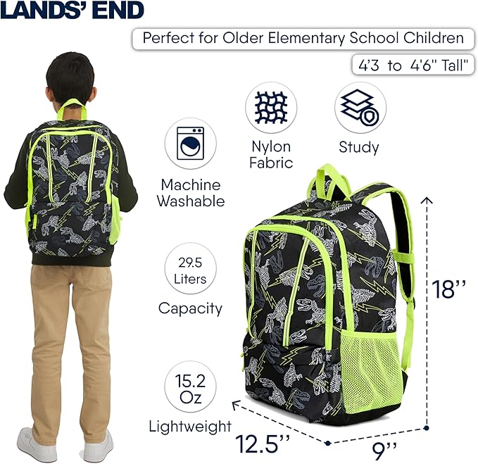 Lands' End Unisex Kids Large ClassMate Lightweight Durable Elementary School Backpack, Black Highlight