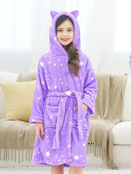 Doctor Unicorn Girls Leopard Cat Robe Kids Fleece Warm Hooded Bathrobe