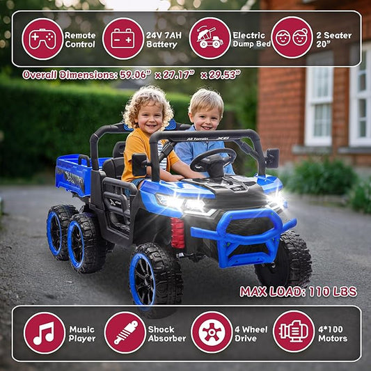 24V 2 Seater 4WD 6x6 Ride On Dump Truck with Remote Control, Ride on Toys for Big Kids with 20inch Seat, 3 Speeds, 4X100 Motors, Music, Ride on Truck for Toddler Boys Girls, Blue