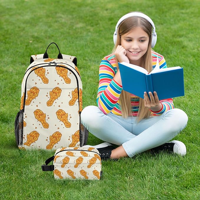 Jucciaco Fried Chicken Backpack with Lunch Bag, School Travel Backpack for Boys Girls Kids Backpacks Set