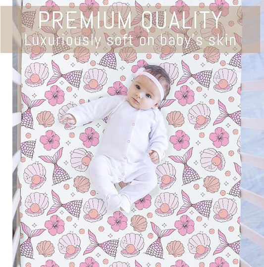 Pink Summer Mermaids Seashells Floral Baby Crib Sheets for Girls Boho Neutral Conch Pearls Soft Snug Fitted Crib Mattress Covers for 52''x28'' Standard Crib & Toddler Mattress Sea Beach Bed Sheets