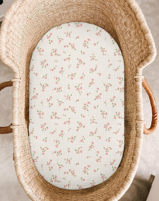 Bassinet Sheet for Baby Boy and Girl 2 Pack, Fitted Sheets for Rectangle, Oval, Hourglass Bassinet Mattress, Muslin Moses Basket Sheets with Neutral Style (Rosy)