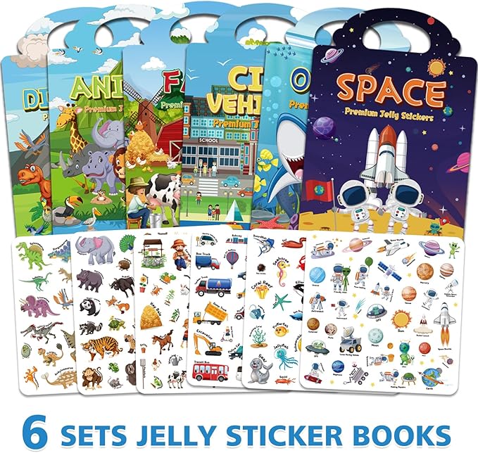 6 Sets Reusable Sticker Book for Toddlers 3-6, Jelly Sticker Books for Toddler, Travel Sticker Activity Toys for Kids 3 4 5 6 Years Old Girls & Boys