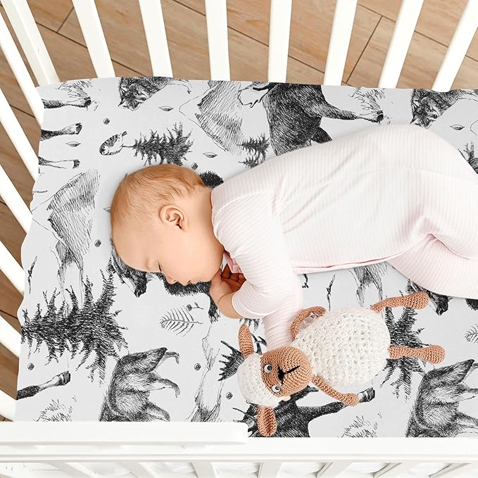 Fitted Crib Sheets for Baby Boys or Girls Soft Breathable Baby Play Yard Sheet for Standard Size Crib Mattress 52x28in Seamless Pattern Scandinavian Woodland Wild Animals