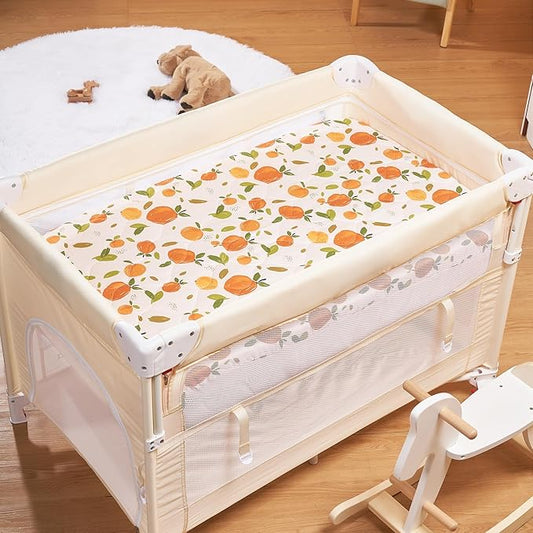 TILLYOU Pack and Play Sheet - Soft Quilted Crib Cover Pad, Toddlers Mattress Protector with 1''-3'' Deep Pocket, Thick Play Yard Playpen Sheets, Crib Mattress Pad, 39"x27", Orange Flavour