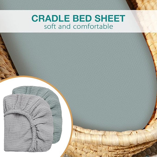 Muslin Bassinet Fitted Sheets 2 Pack, 100% Cotton Baby Cradle Sheets in Solid Green & Gray, Soft Breathable Mattress Covers for Boys & Girls, Fit Hourglass, Oval & Rectangle Pads