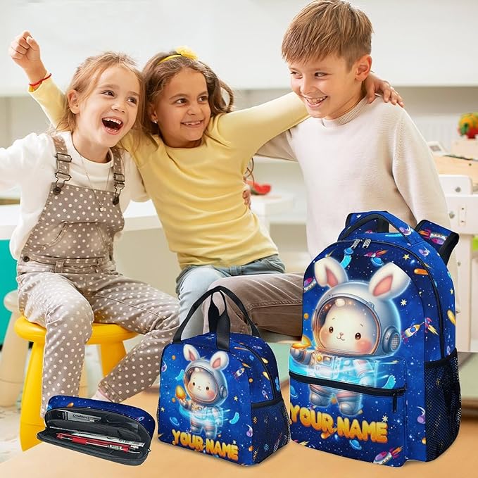 Kids School Backpack - Personalized Bunny Backpacks Set with Name - Custom Planet Bookbag for Boys Girls - Toddler School Bag for Kindergarten/Preschool/Elementary(17 Inch)