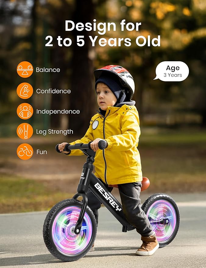 besrey Toddler Balance Bike 2 Year Old, All-Metal Frame | 12" Motion-Activated Lighting Wheels | All-Terrain | Kids Bike with Padded Adjustable Seat | Gift Bike for Boys Girls 2 3 4 5 Years Old