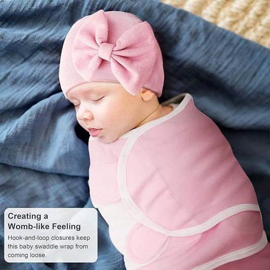 DRESHOW BQUBO 3 Pack Baby Swaddle Sleep Sacks Baby Swaddling Blanket Wrap Newborn Swaddle Sack with Big Bow Hat for Boys Girls 6-12 Lbs Newborns & 0-3 Months Girls Boys