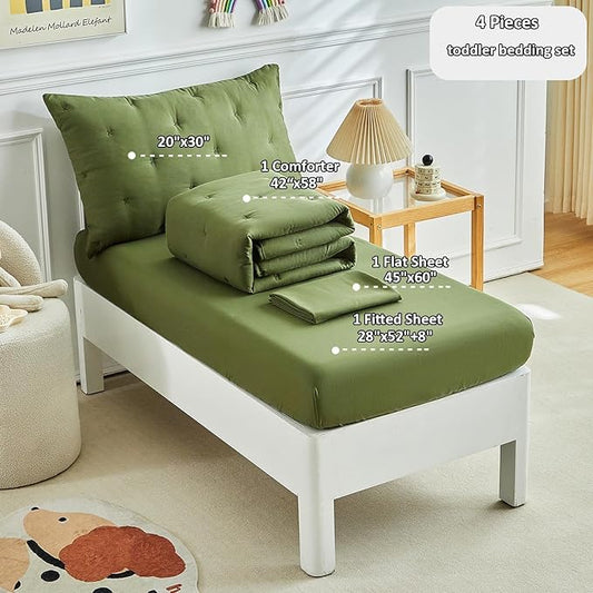 DuShow 4 Piece Toddler Bedding Set,Embroidery Crib Comforter Set for Boys Includes Toddler Bed Comforter,Fitted Sheet,Flat Sheet and Envelope Pillowcase,Soft Toddler Bed Sheet Set-Olive Green 