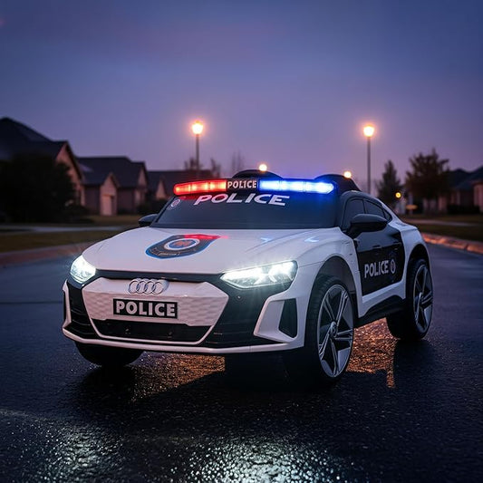 12V Kids Police Ride On Car with Remote Control, Flashing Lights, Siren & Megaphone, Bluetooth Music, Rocking Mode, Leather Seat, 3 Speeds, Battery Powered Electric Vehicle for Boys & Girls