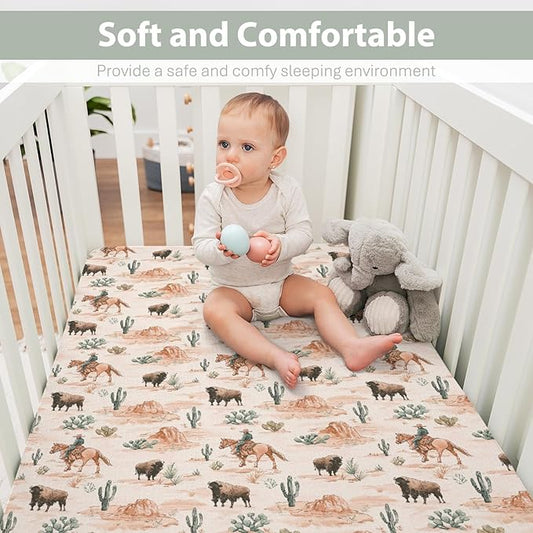 Vintage Cowboy Buffalo Baby Crib Sheets for Boy Girl 52x28Inch Retro Bison Cactus Soft Stretchy Fitted Crib Mattress Cover Western Desert Baby Sheet for Standard Crib and Toddler Bed Mattress