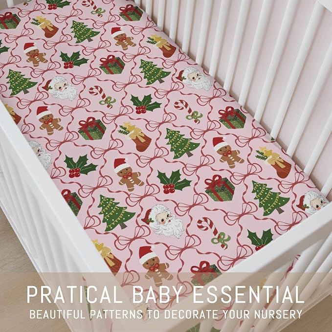 Pink Santa Christmas Bows Baby Crib Sheets for Boy Girl Retro Christmas Trees Stockings Fir Gifts Soft Snug Fitted Crib Mattress Covers for 52x28 Standard Crib & Toddler Mattress Winter Baby Sheets