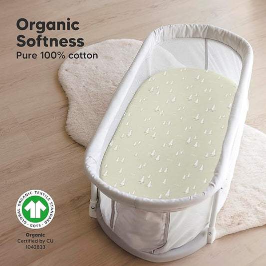 2-Pack Organic Bassinet Sheets for Girls, Boys - 100% Cotton Bassinet Mattress Sheets Compatible with Halo Bassinest Swivel Sleeper, Graco, Baby Delight, Chicco, Fitted Bassinet Sheets (Pine Grove)