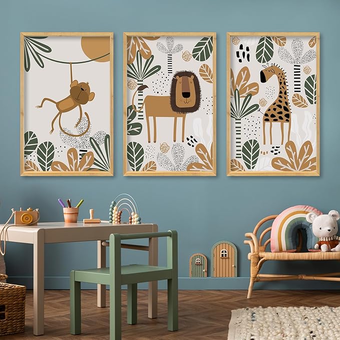comurdyo Kids Cute Animal Wall Art Set of 3 Framed Safari Prints Cartoon Lion Monkey Giraffe Sign 16×11 Inch for Baby Room Toddler Nursery Children's Room Boho Rustic Wood Framed Hanging Decor (Wood)