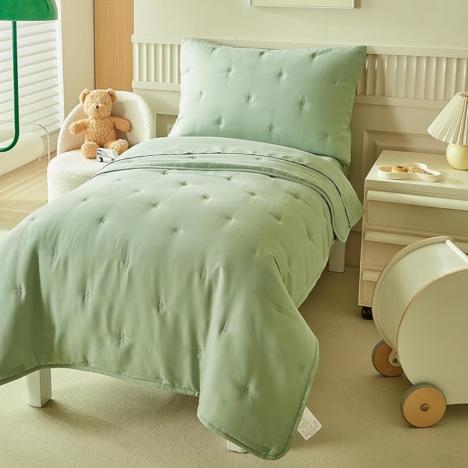 DuShow Green 4 Piece Toddler Bedding Set for Boys Girls,Embroidery Microfiber Crib Bed Sheets Set Soft Boho Comforter Set Bed in a Bag,Include Quilted Comforter,Flat Sheet,Fitted Sheet,Pillowcase