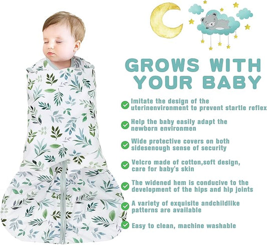Newborn Sleep Sack Baby Swaddle,Swaddle me 6-12 Month,3-Way Adjustable Wearable Blanket,100% Rayon Cotton Swaddling Sleeping Bag,TOG 0.5 (Leaf, 6-12 Months)