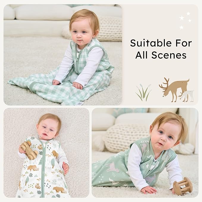 Baby Sleep Sack 12-18 months, 100% Cotton Sleeping Sack for Toddler, 3 Pack Baby Wearable Blanket, 0.5 Tog Lightweight Double Zipper Sleep Bag Large Green Forest Bear