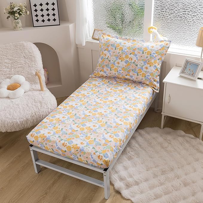 Caressma Twin Size 5 Pieces Comforter Set Bed-in-a-Bag,Soft Fabric Print Yellow Floral for Baby & Kids,Includes Flower Comforter, Fitted Sheet, Flat Sheet,Pillow Case & Pillow Shame for All Seasons
