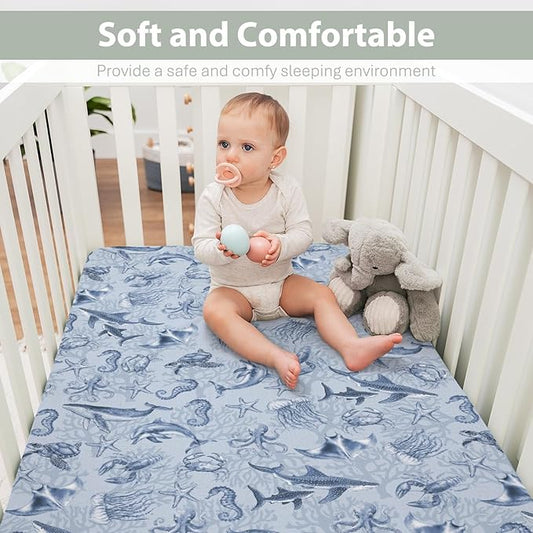 Retro Marine Animals Baby Crib Sheets Boy Girl 28"x52" Whale Dolphin Jellyfish Sea Horse Turtle Coral Soft Snug Fitted Crib Mattress Cover Ocean Animal Baby Sheet for Standard Crib & Toddler Mattress