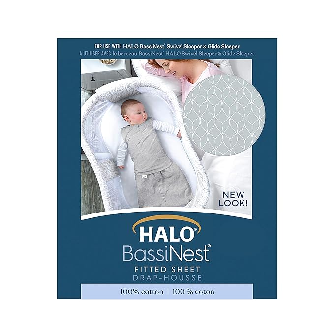 HALO BassiNest Fitted Sheet – 100% Cotton, Soft and Breathable Bassinet Sheet for Babies, 30” x 16” Pre-Shrunk Sheet, Morning Mist