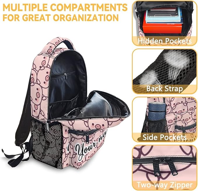 AIOMXZZ Personalized Pig Backpack with Lunch Box and Pencil Case, 16 Inch Cute Pig Bookbag Durable, Lightweight, Large Capacity, Funny Animal Backpack for School Girls Kids Women