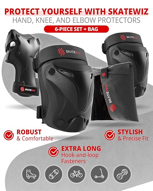 SKATEWIZ Knee Pads for Kids - Knee and Elbow Pads Set - PROTECT-1 - Size S Black - Wrist Guards Skating Protective Gear, Skateboard, Roller Skate, Ice Skates For Kids