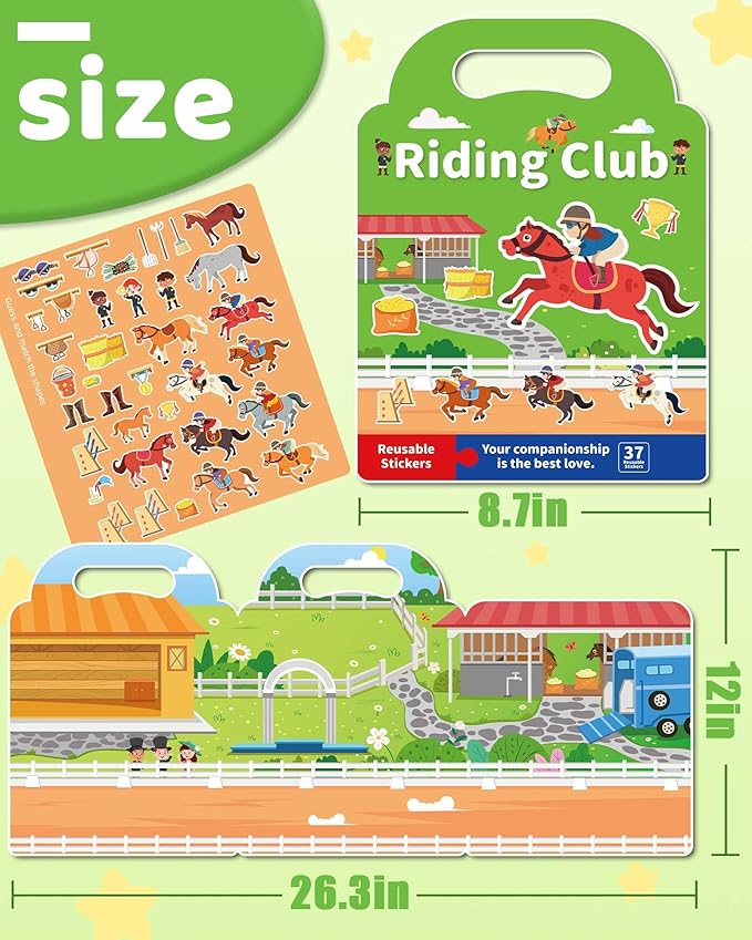 Benresive Reusable Sticker Books for Toddlers, Fun Travel Stickers for Kids, Toddler Sticker Book, Crafts Activities for Toddlers, 3 and Up Birthady Gifts - Riding