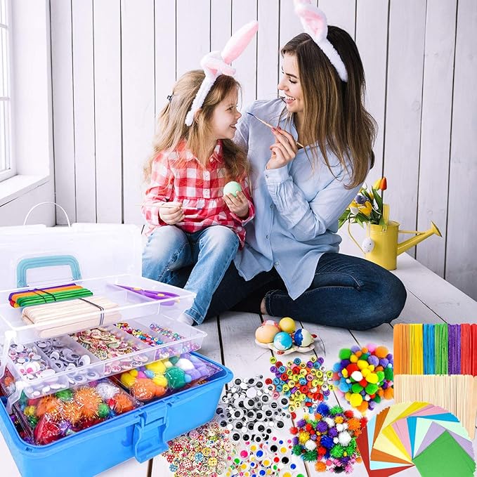 kortes Jumbo Art and Craft Supplies for Kids, Toddler DIY Craft Art Supply Set Included Pipe Cleaners, Pom Poms, Feather, Folding Storage Box - All in One for Craft DIY Art Supplies (Blue)