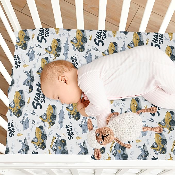 White Shark Race Cars Crib Sheets Standard Crib Toddler Mattresses Cover Fitted Baby Bed Sheet Breathable Crib Mattress Sheet for Girls Boys 52" x 28"x5''