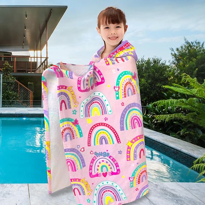 VOOVA & MOVAS Hooded Towels for Kid 3-8Years, 30''X50, Soft | Thick | 100% Cotton | Absorbent Towel Wrap for Girls, Perfect for Toddler Beach, Pool, Bath, Swimming,Rainbow