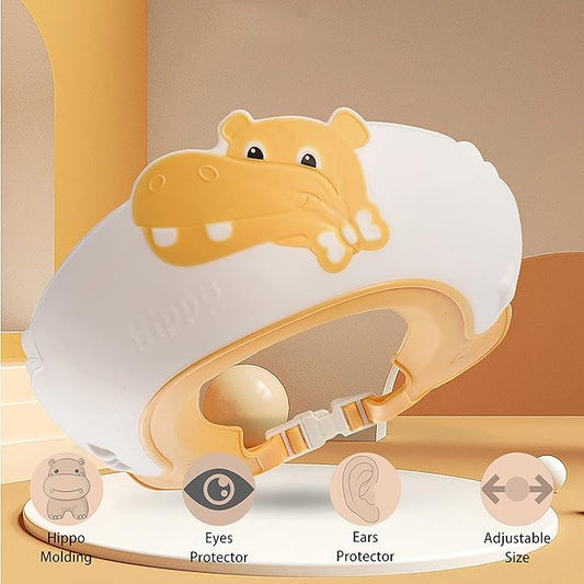 Baby Shower Cap Shield, Shower Cap for Kids, Visor Hat for Eye and Ear Protection for 0-9 Years Old Children,Cute Dinosaur/Crocodile/Hippo shape Makes the Baby Bath More Fun (Hippo, Yellow)