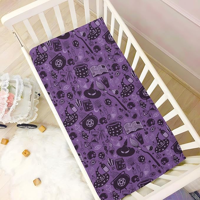 Fitted Crib Sheets for Boys Girls, Halloween Witch Soft Breathable Mattress Cover for Standard Crib & Toddler Bed Mattress, 52 * 28 in.