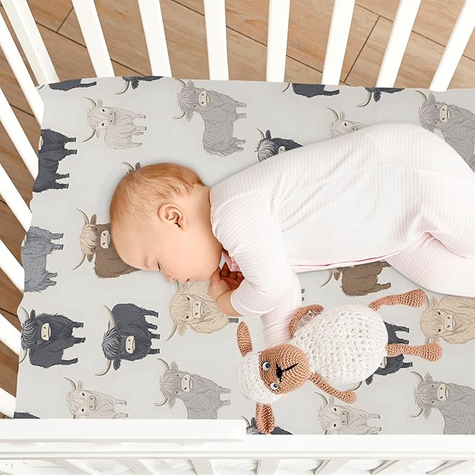 Baby Crib Sheets Fitted Crib Sheet Standard Crib and Toddler Mattress for Boys Girls 39 * 27in Pink Starfish Shell Pattern (Highland Cows Pattern, Medium)