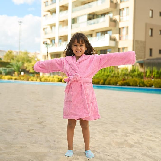 BAGNO MILANO Kids Organic Turkish Cotton Hooded Beach Cover-Up Towel, GOTS Certified, for Boys and Girls (Pink, 9-11 Years)