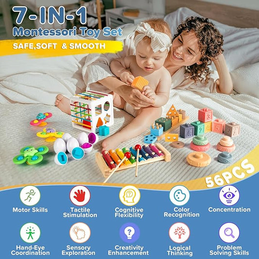 7‑in‑1 Montessori Baby Toys for 6‑12 Months & 1+ Years, Infant Sensory Teething & Stacking Blocks | Wooden Shape Sorter, Xylophone Musical Toy, Birthday Gift for Toddlers 1‑3