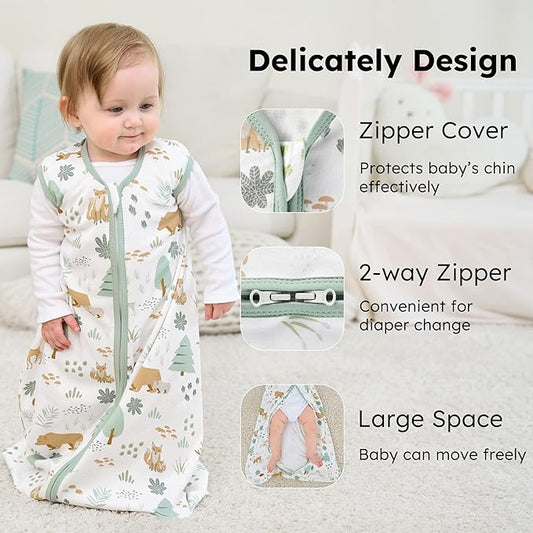 Baby Sleep Sack 12-18 months, 100% Cotton Sleeping Sack for Toddler, 3 Pack Baby Wearable Blanket, 0.5 Tog Lightweight Double Zipper Sleep Bag Large Green Forest Bear