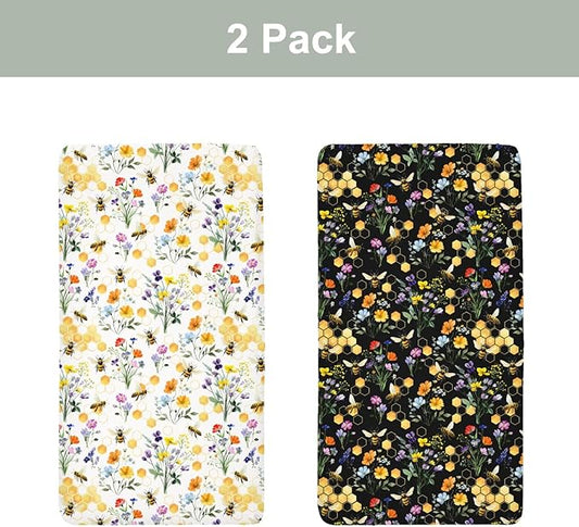 Boho Wildflower Bees Honeycomb Baby Crib Sheets for Boy Girl 52x28Inch Watercolor Honeybee Floral Soft Snug Fitted Crib Mattress Cover Summer Baby Sheet for Standard Crib & Toddler Mattress 2 Pack