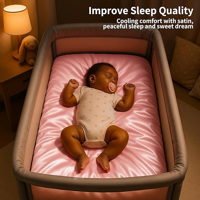 Satin Bassinet Sheet 2 Pack, Great for Baby Hair, Soft Silk Feeling Sheet for Rectangle Cradle Bassinet Mattress Pad, for Girls Gift Newborn and Infant(Pink & Purple)