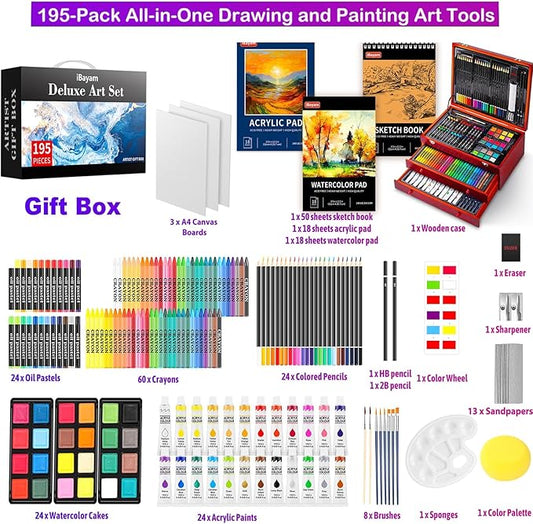 iBayam Art Supplies, 195 Pack Art Set Drawing Kit for Adult, Arts and Crafts Painting Kit, Art Kits Paint Set with Acrylic Pad, Sketchbooks, Watercolor Pad, Canvases, Gift Box