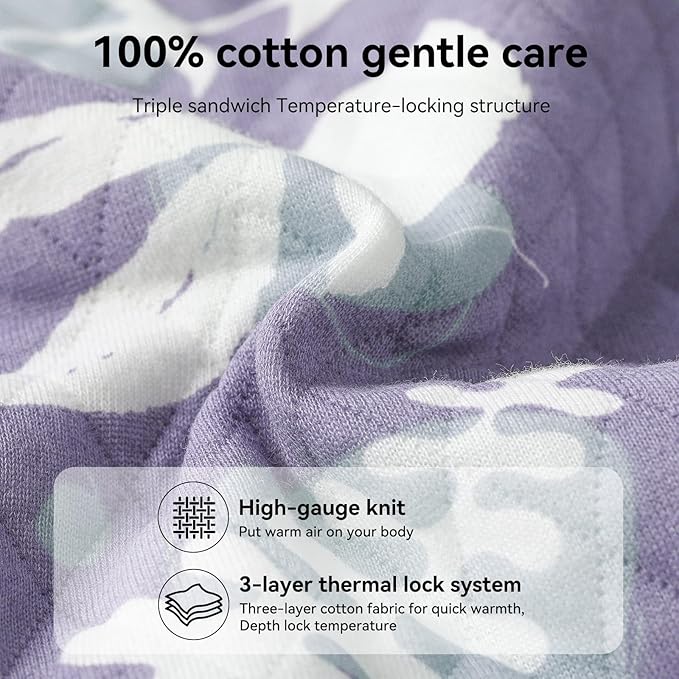 Baby Sleep Sack 6-12 Months 1.5 Tog Baby Wearable Blanket 100% Cotton Fabric Warm Sleeping sack with 2-Way Zipper Quilted for Infant Newborn Tog Purple Leaves