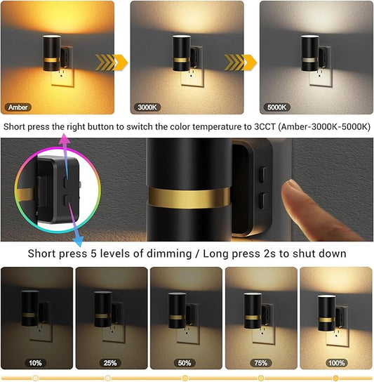 JandCase Night Lights Plug into Wall,2 Pack Amber/3000k/5000K Color Change Night Light with Dusk to Dawn, 3CCT & 10/25/50/75/100LM Dimmable Plug in LED Nightlight for Bedroom, Hallway, Stairs