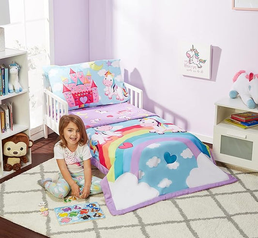 EVERYDAY KIDS 4 Piece Toddler Bedding Set - Unicorn Dreams - Includes Comforter, Flat Sheet, Fitted Sheet and Reversible Pillowcase