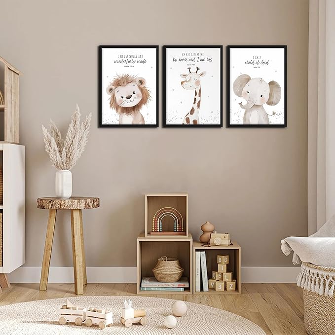 Nursery Wall Art, Kids Bible Verse Animal Canvas Wall Decor Paintings, Cute Safari Christian Pictures Posters Prints for Kids Boys and Girls Room Bedroom 12x16 Inch Wood Framed