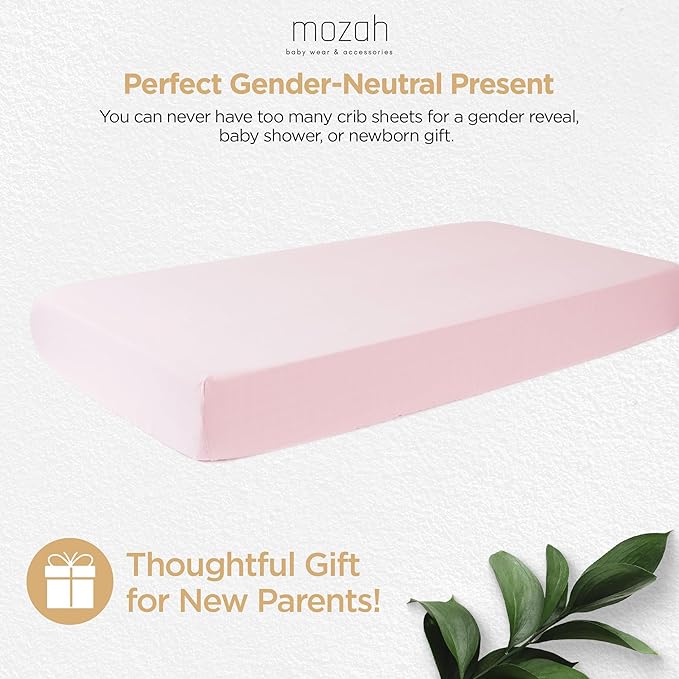 MOZAH Organic Muslin Crib Sheets, Soft and Breathable Bedding for Baby Girls or Boys, Snug Fitted Sheet for Standard Cribs & Toddler Mattresses, 2 Pack, Pink