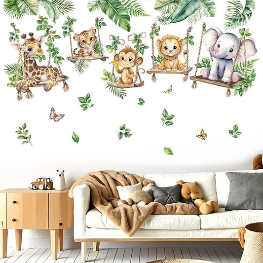 Jungle Animal Wall Decals for Baby: Animals Son Swings Nursery Room Decor with Peel and Stick Removable Vinyl Wall Stickers for Kids Bedroom Safe and Easy to Apply - Ages 0-12 Years