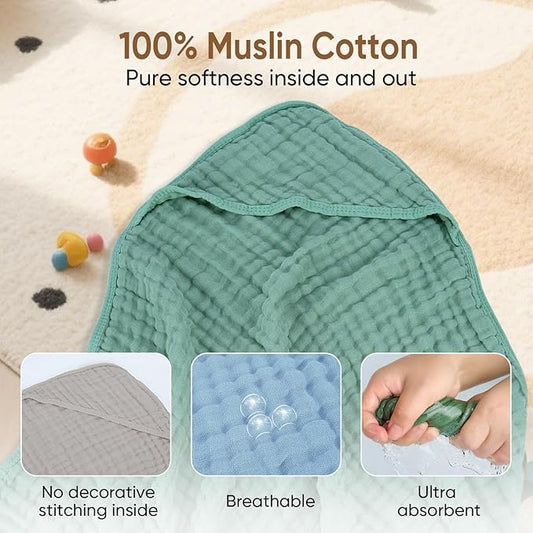 Muslin Hooded Baby Towels 100% Cotton ,Super Soft Muslin Baby Bath Towel - 32 x 32 Inches, Suitable for Newborn and Young Children up to 3 Years Old. (Grey & Green)