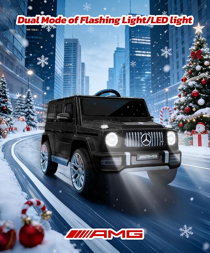 ELEMARA Licensed Mercedes-Benz AMG G63 Ride on Toys,12V Ride on Car with Remote Control,Rechargeable Battery,Flickering Lights/LED Lights, Bluetooth,Music & Horn, Soft Start, Low Battery Prompt,Black