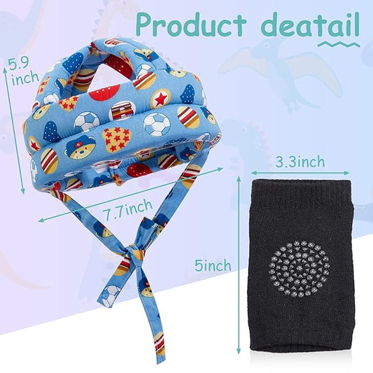 Geyoga 2 Pack Baby Safety Helmet for Crawling Walking Running, Adjustable Soft Cushion Head Protector with Knee Pads, Toddler Protective Cap 6–12 Months 1–2 Years Old (Soccer, Owl Style)