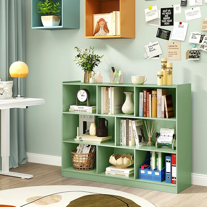 Giantex 8 Cube Bookcase, Freestanding 3-Tier Open Bookshelf, Modern Storage Display Cabinet, Wood Cube Storage Organizer for Living Room, Kid’s Room, Mint Green